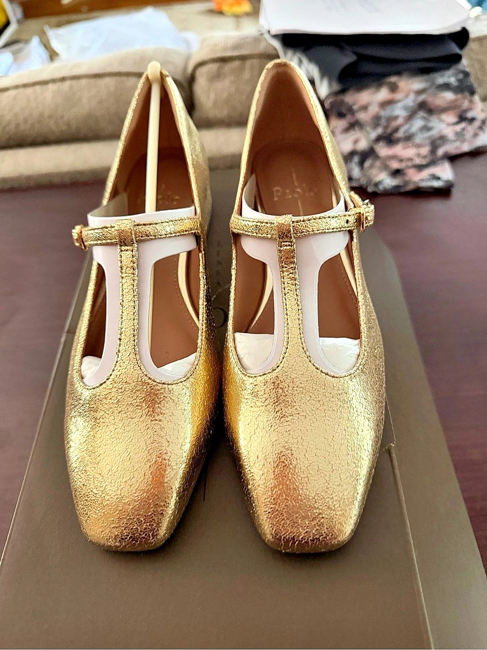 Paolo Gold Pointed-Toe Mary Jane Heels, 6 1/2, NEW